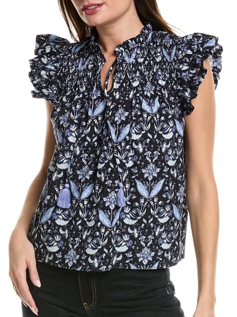 Sail to Sable Navy Batik Flutter Sleeve Top w/ Tassels